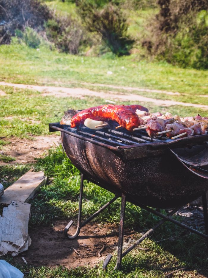 Close-up of a grill with assorted meats roasting outdoors in Chilean countryside.